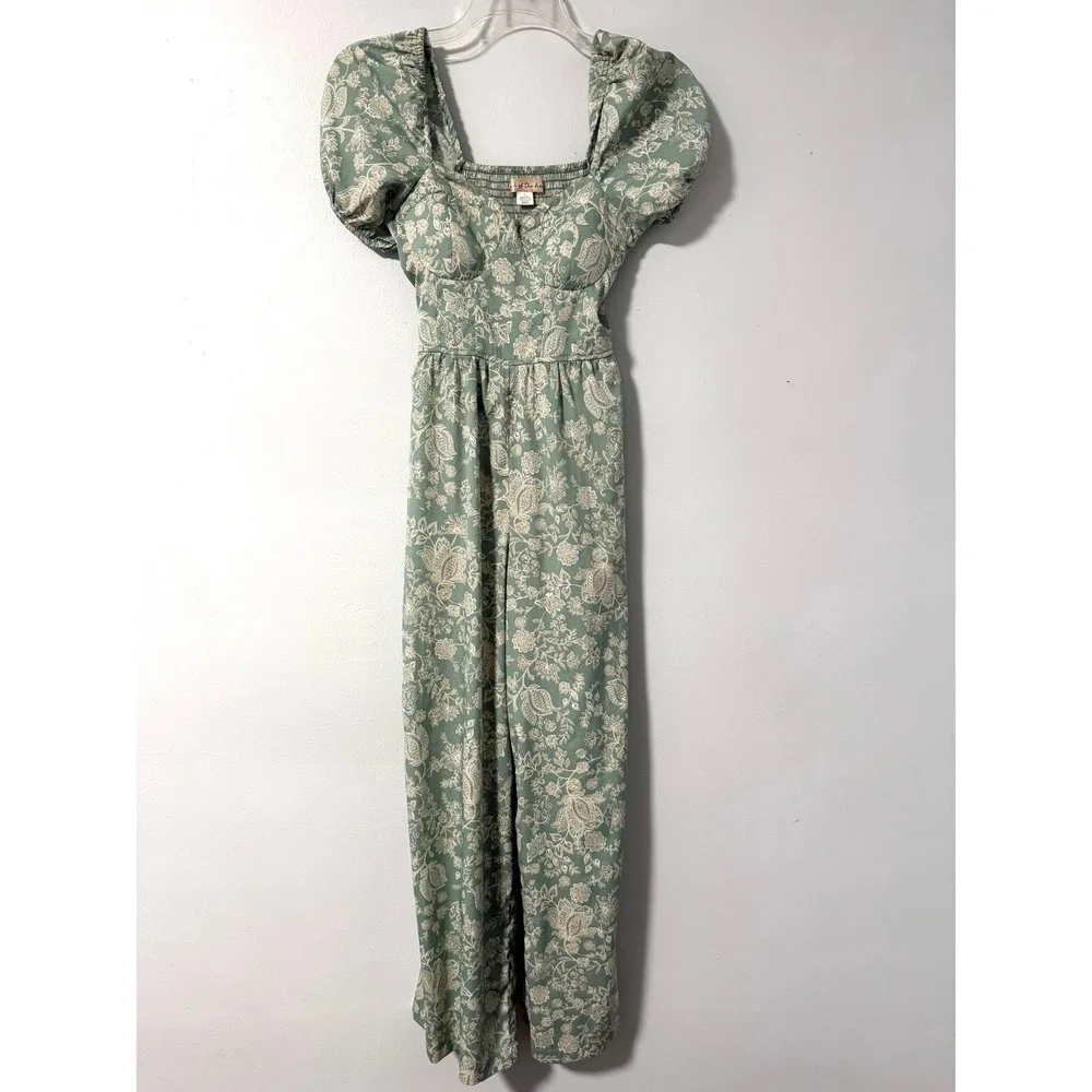 Band of the Free Sage Ivory Floral Puff Sleeve Wide Leg Jumpsuit‎ S